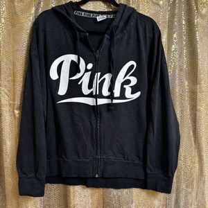 PINK Victorias Secret Navy Blue White Zip Slouchy Hoodie Sweater Large